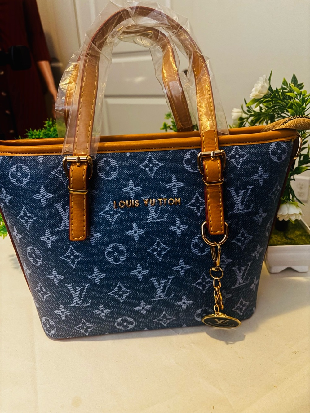 Blue Monogram Denim Tote with Tan Leather Trim
